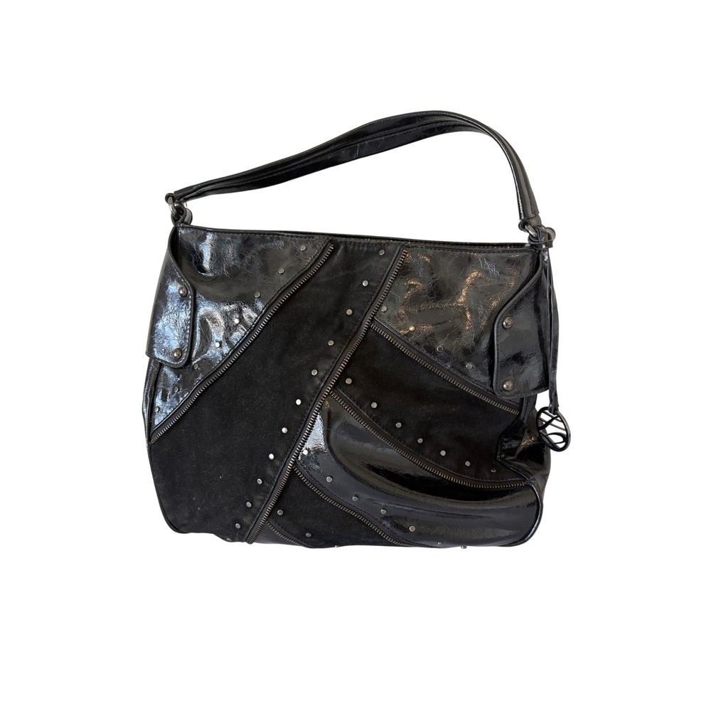 Style & Co Black Patent Faux Leather Suede Studded Zipper Hobo Shoulder Bag